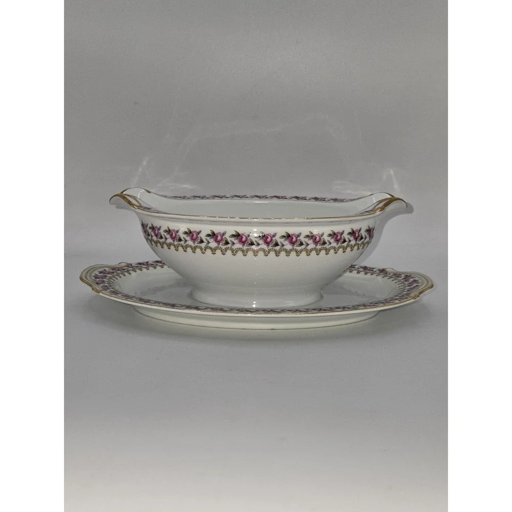 Noritake Floralee 5151 Bone‎ China Gravy Boat with Attached Underplate